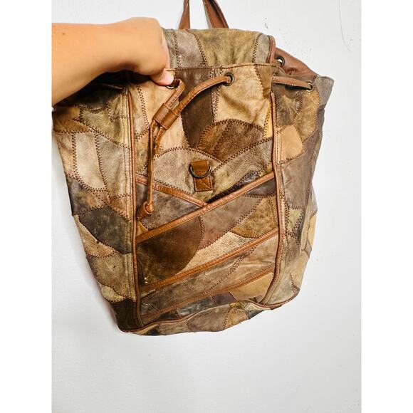 Vintage 1980s/90s Brown Leather Patchwork Clip Front Drawstring Backpack Bag - Picture 12 of 16